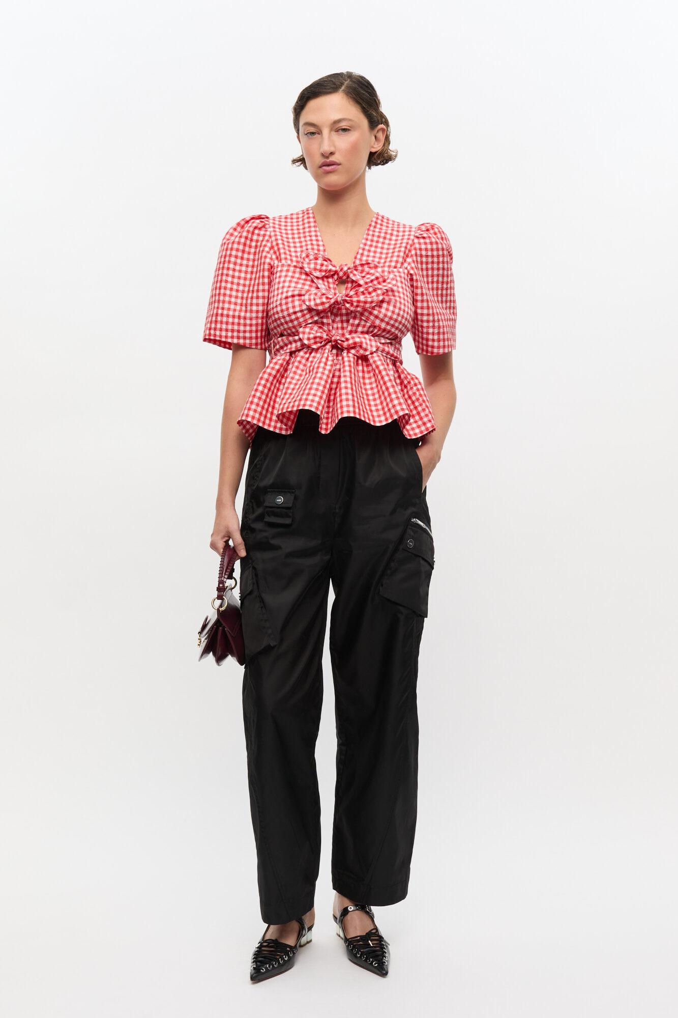 Red Crinkled Check Taffeta Blouse Product Image