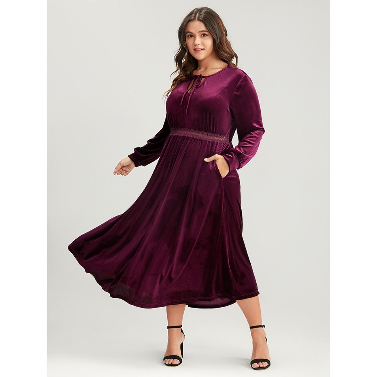 Plus Size Solid Lace Pocket Keyhole Tie Neck Velvet Flutter Dress Burgundy Women Party Patchwork V-neck Long Sleeve Curvy Midi Dress BloomChic 10/M Product Image