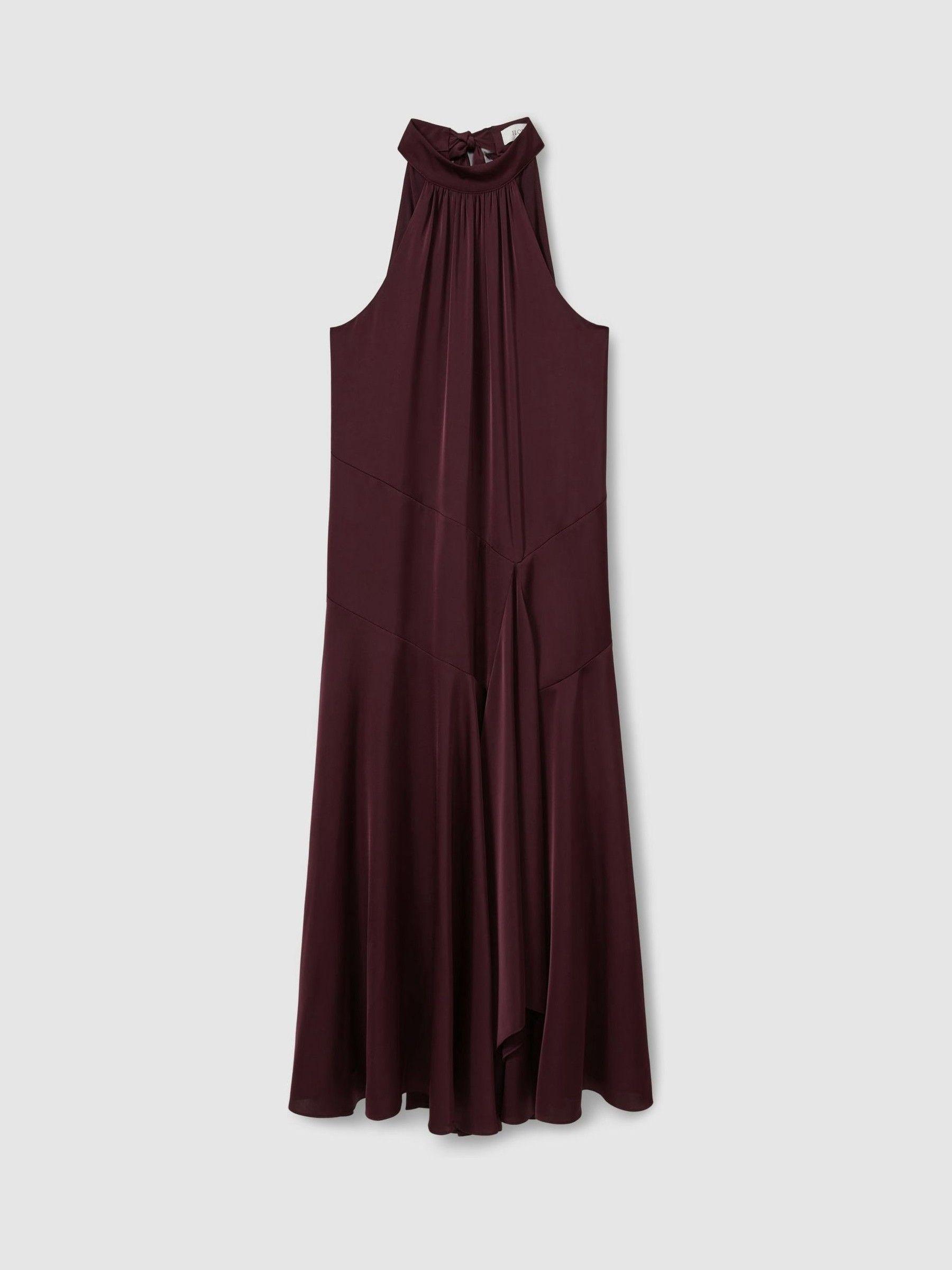 Florere Halter Neck Asymmetric Midi Dress in Burgundy Product Image