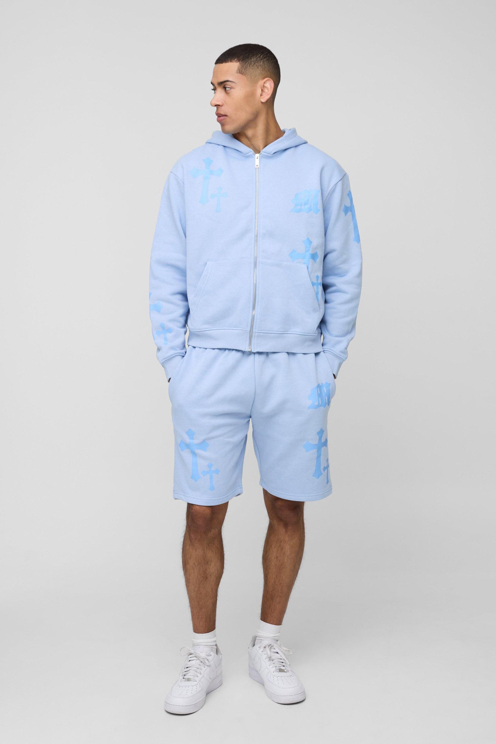 Oversized Boxy Gothic M Cross Print Hooded Zip Through Short Tracksuit | boohooMAN USA Product Image