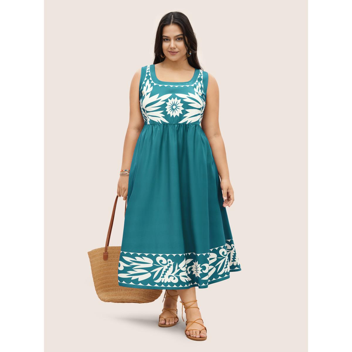 Plus Size Boho Print Square Neck Elastic Waist Tank Dress Emerald Women Resort Gathered Round Neck Sleeveless Curvy Midi Dress BloomChic 26/4X Product Image