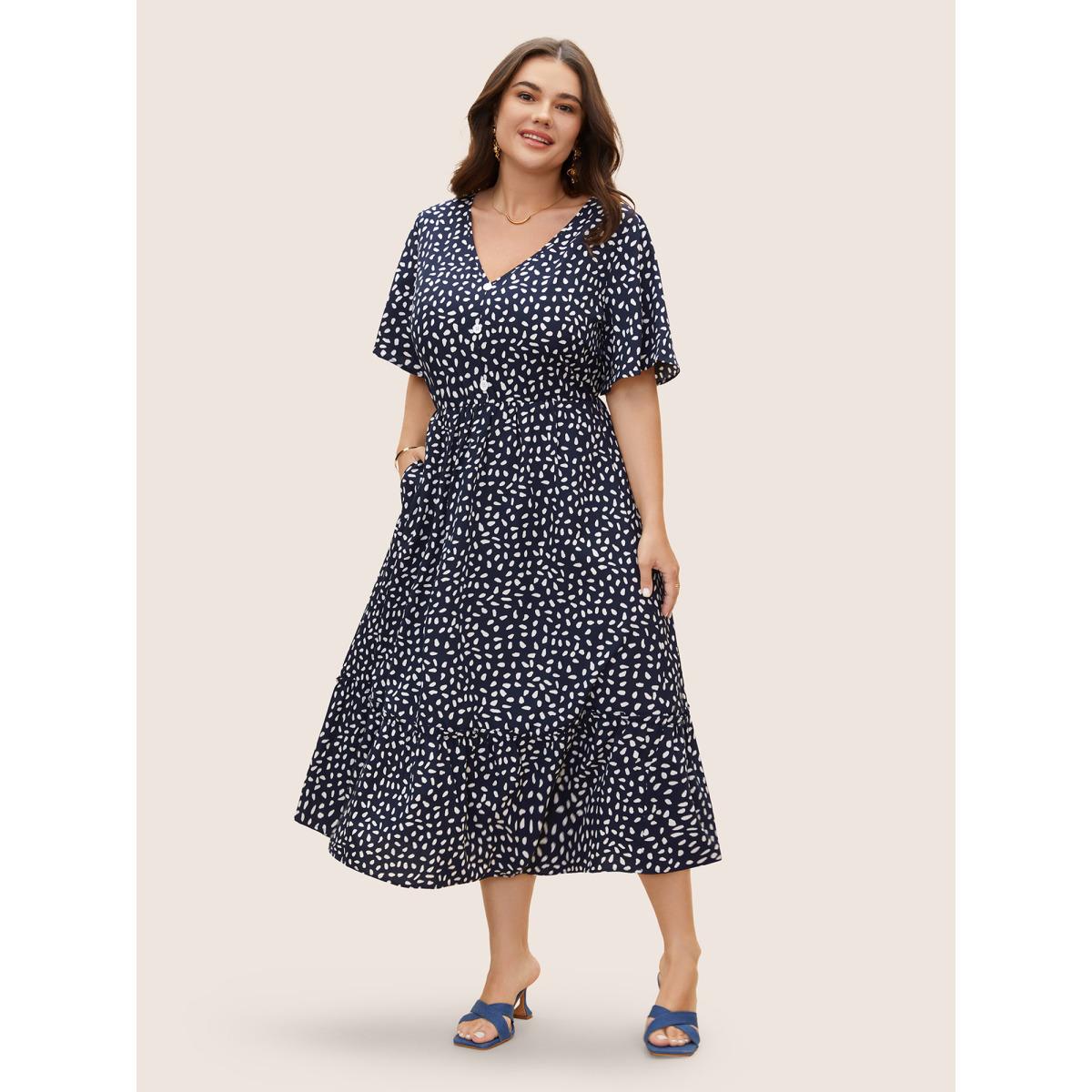 Plus Size Polka Dot Button Detail Ruffle Sleeve Pleated Dress DarkBlue Women Elegant Button V-neck Short sleeve Curvy BloomChic 30/6X Product Image