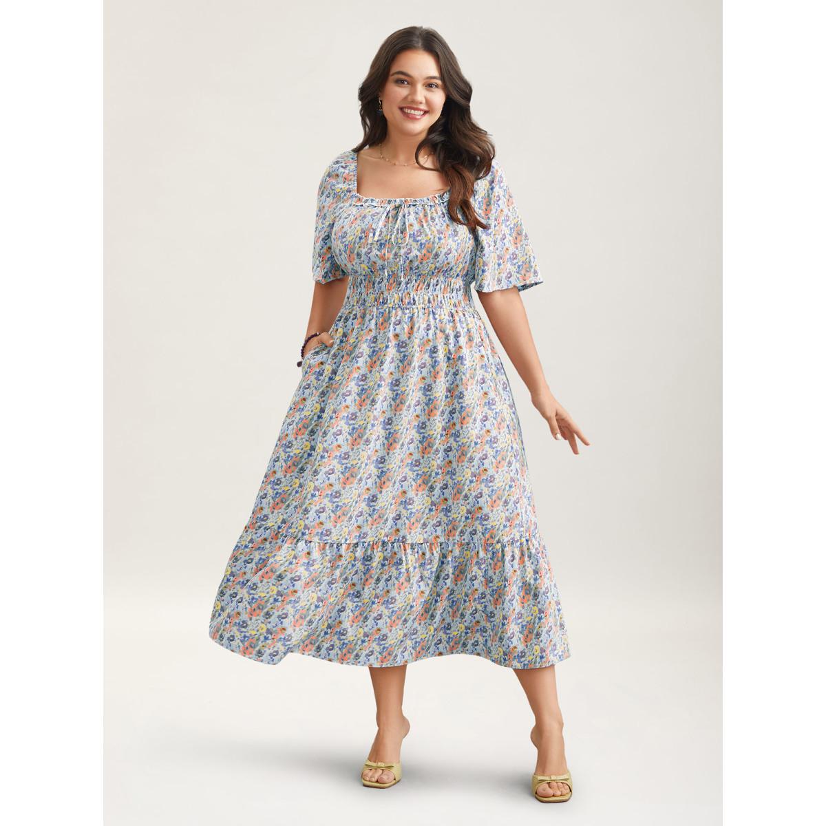 Plus Size Smocked Waist Floral Ties Tiered Maxi Dress LightBlue Women Timeless Tie knot Square Neck Short sleeve Curvy BloomChic 28/5X Product Image