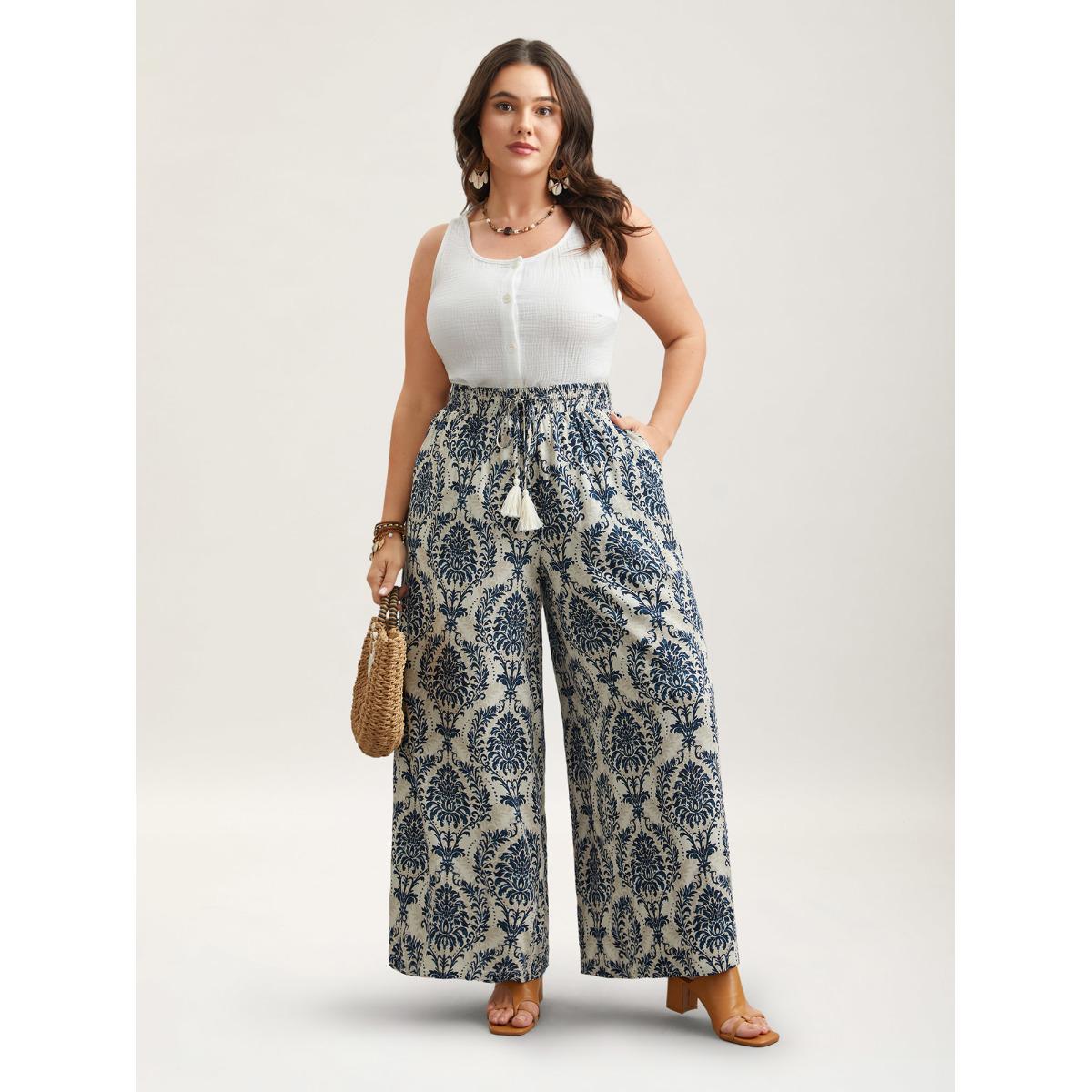 Plus Size Damask Print Tassel Straight-Leg Pants Women DarkBlue Boho Wide Leg Mid Rise Vacation Pants BloomChic 30/6X Product Image