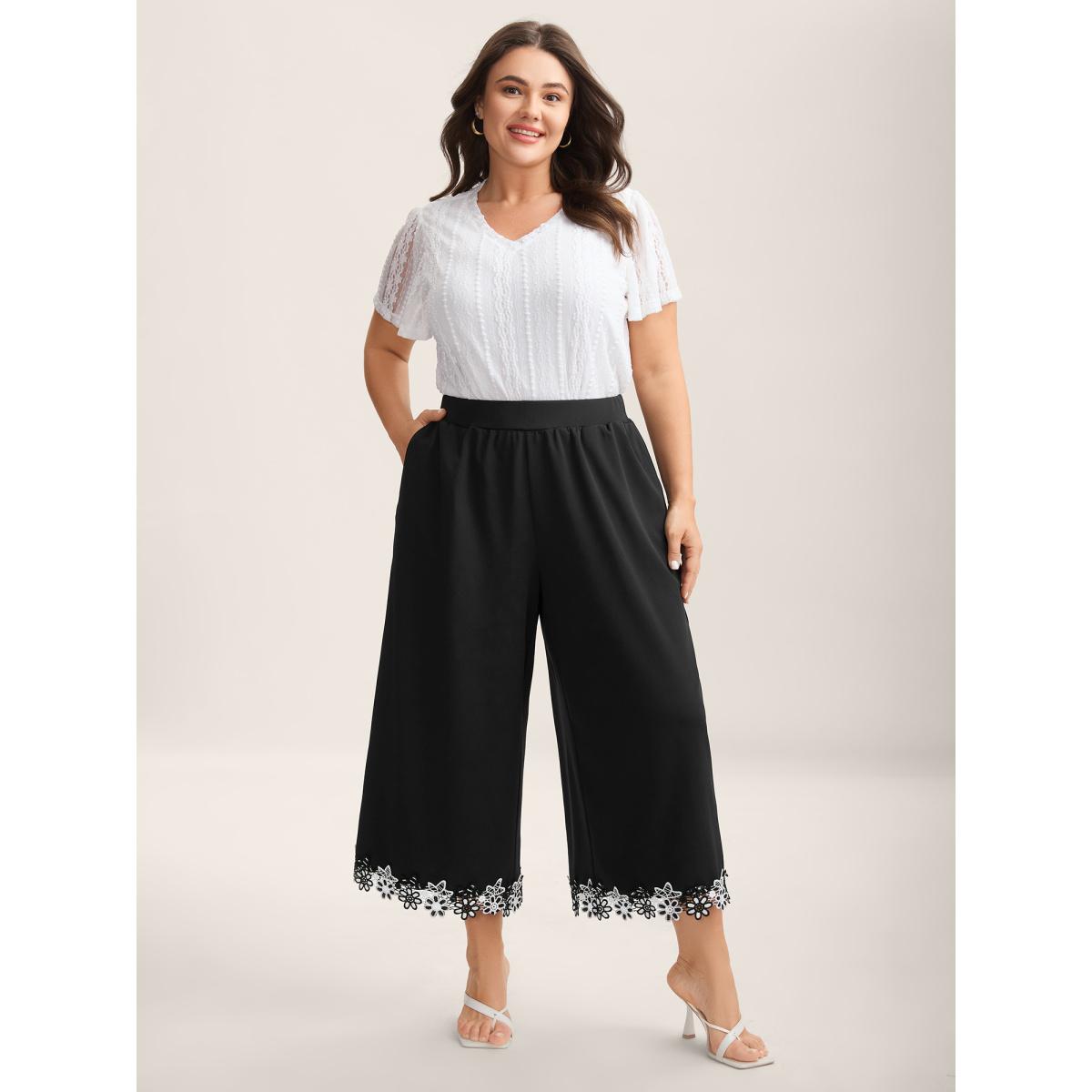 Plus Size Floral Lace Hem Wide-Leg Pants Women Black Timeless Wide Leg Mid Rise Elegant Pants BloomChic 10/M Product Image