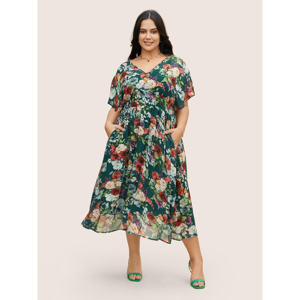 Plus Size V Neck Chiffon Floral Dolman Sleeve Dress Emerald Women Elegant V-neck Short sleeve Curvy BloomChic 18-20/2X Product Image