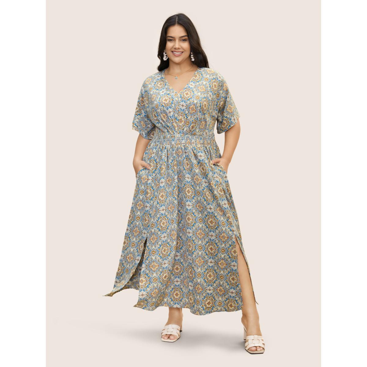 Plus Size Boho Print Shirred Pleated Maxi Dress Stone Women Resort Slit V-neck Half Sleeve Curvy BloomChic 22-24/3X Product Image