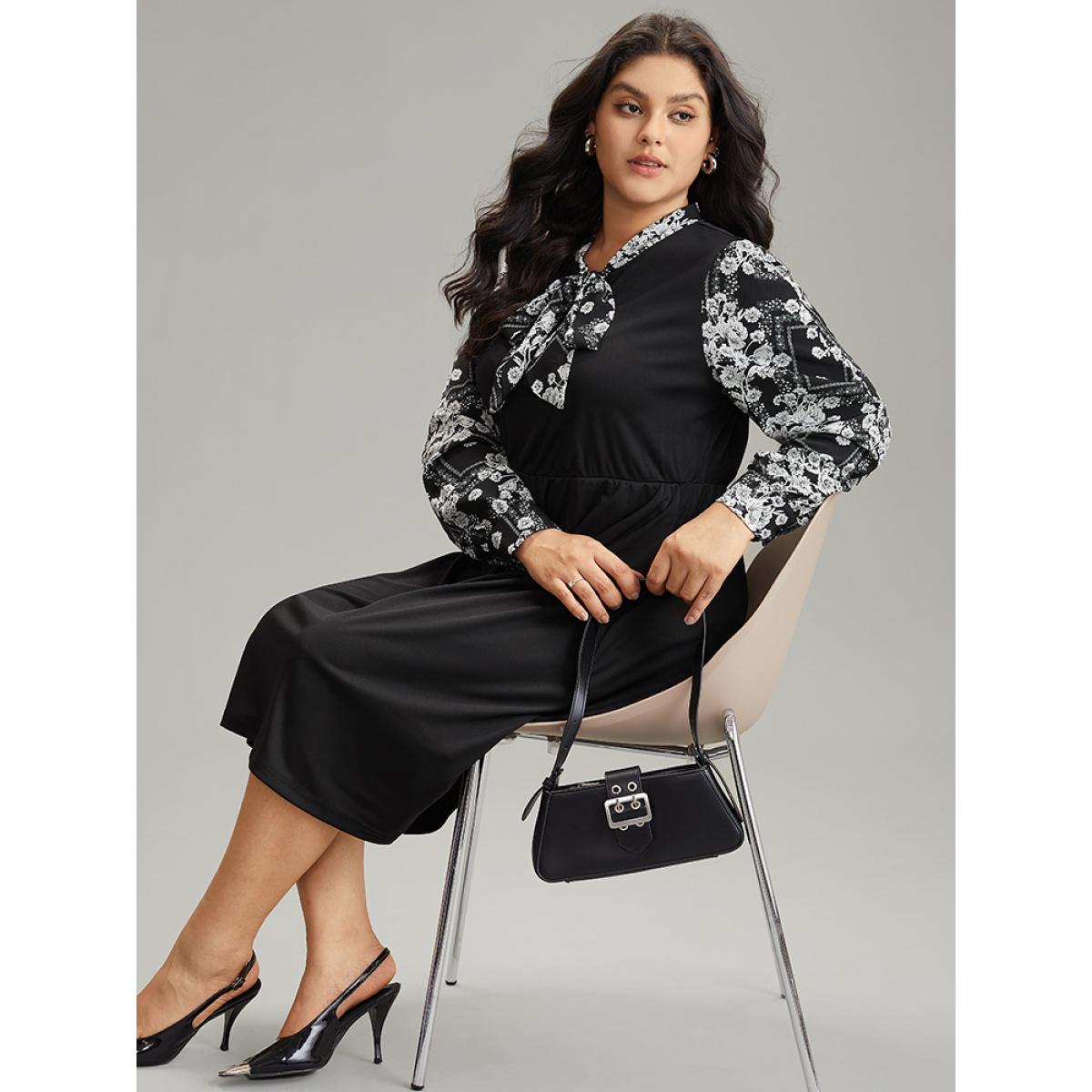 Plus Size Geo Graphic Knot Neck Patchwork Elastic Waist Dress Black Women Office Gathered Tie Neck Long Sleeve Curvy Midi Dress BloomChic 10/M Product Image