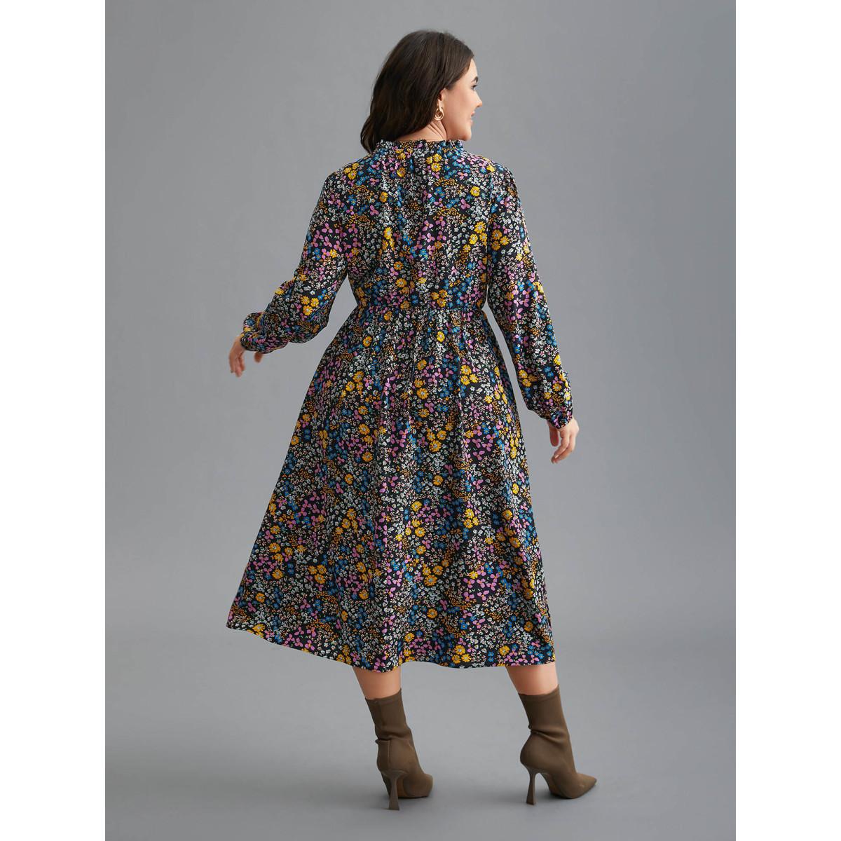 Plus Size Floral Ruffles Mock Neck Elastic Waist Midi Dress BlackFlower Women Elegant Frill Trim Mock Neck Long Sleeve Curvy BloomChic 12/L Product Image