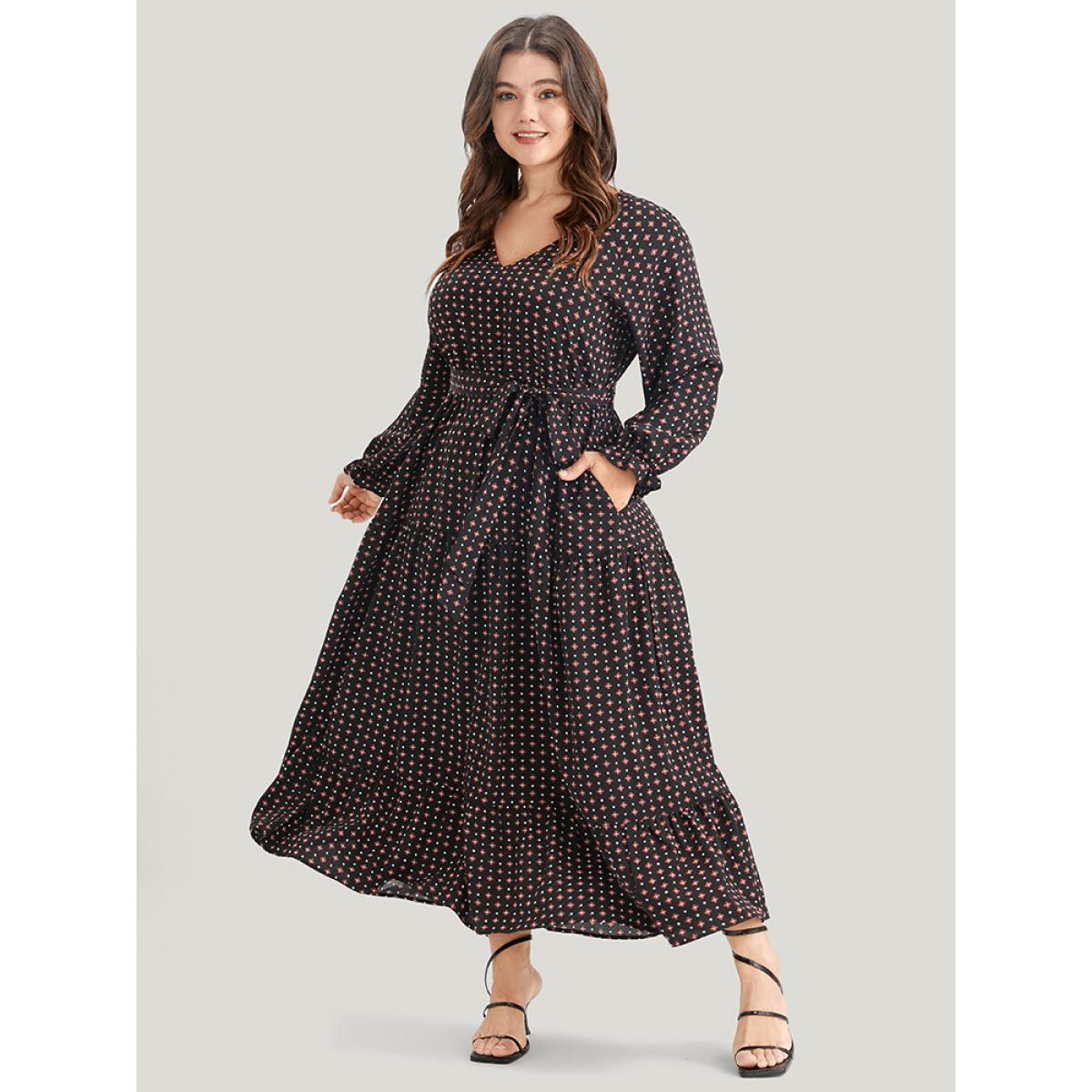 Plus Size Geometric Belted Lantern Sleeve Pocket Ruffle Tiered Dress Black Women Elegant Pocket V-neck Long Sleeve Curvy Midi Dress BloomChic 14-16/1X Product Image