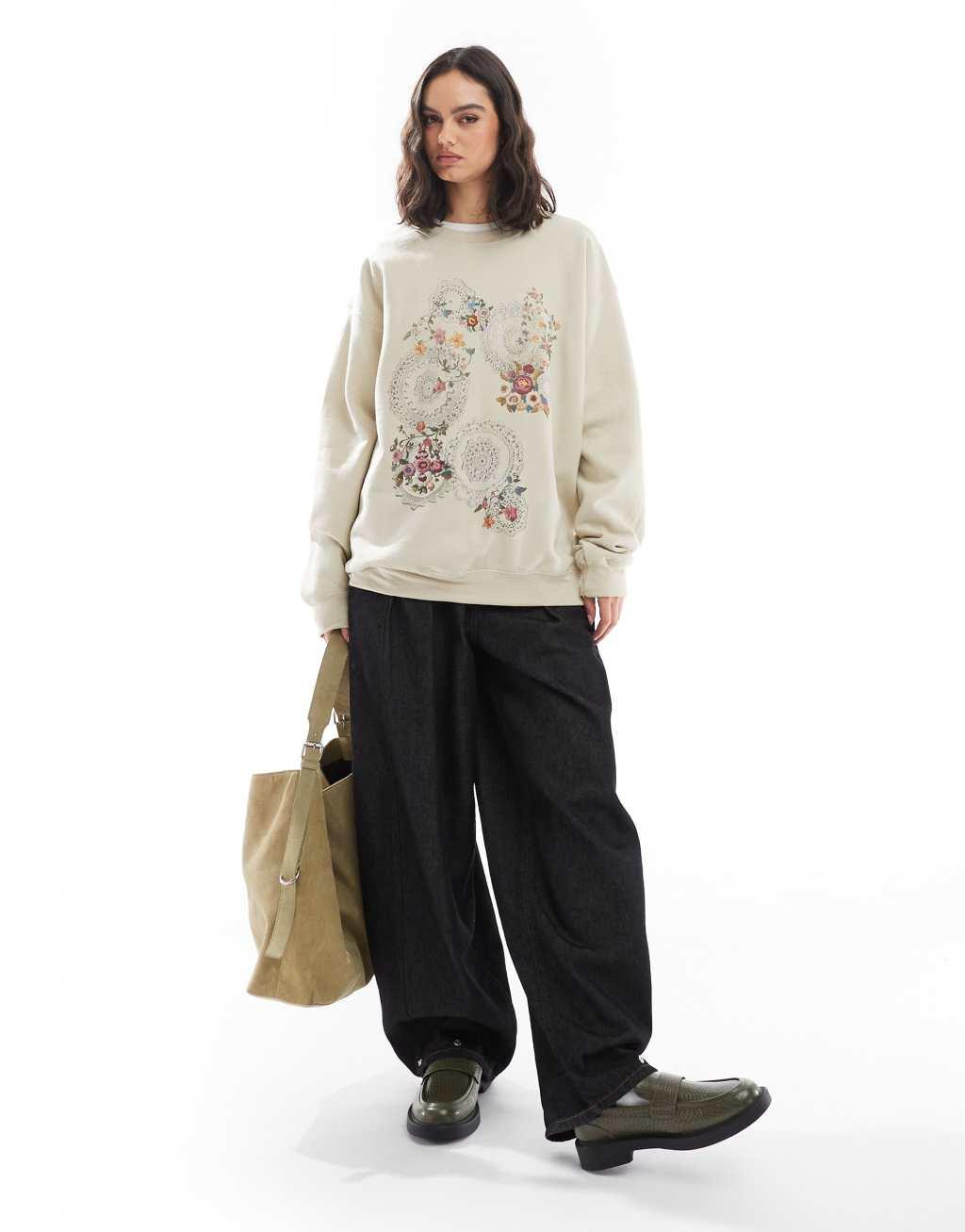 Miss Selfridge floral tapestry oversized sweatshirt in sand Product Image