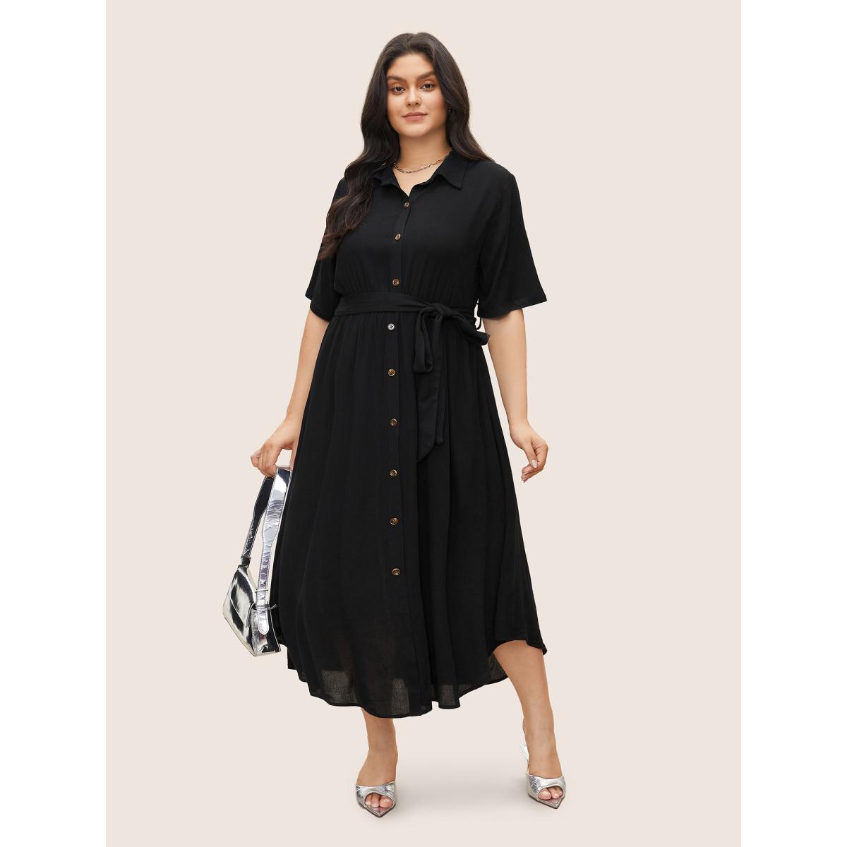 Belted Shirt Collar Button Plus Size Shirtdress Women Workleisure Plain Sleeve Short Sleeve Shirt Collar Pocket Workwear Long Dress BloomChic Product Image