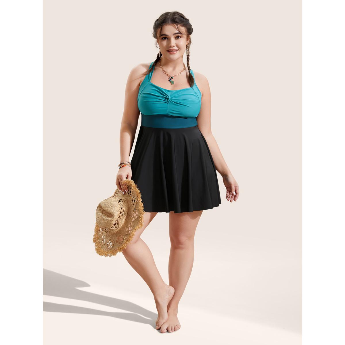 Plus Size Crossover Patchwork Heart Neckline Swim Dress Women's Swimwear Teal Beach Bodycon Heart neckline High stretch Curve Swim Dresses BloomChic 26/4X Product Image
