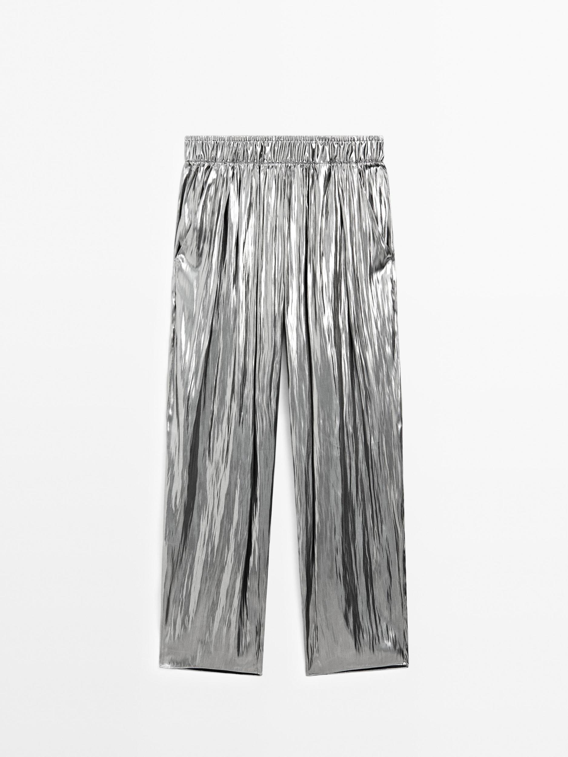 Flowing metallic trousers with gathered detail Product Image