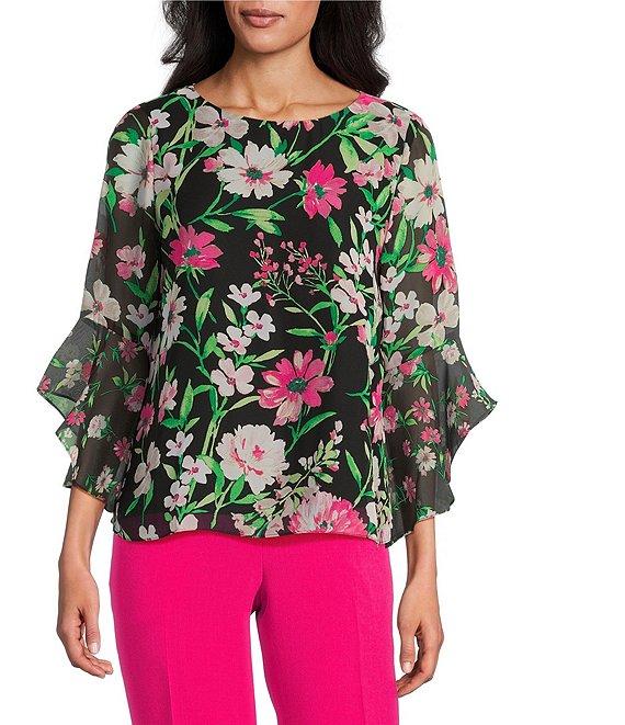 Kasper Crew Neck 3/4 Ruffle Sleeve Woven Floral Print Blouse Product Image
