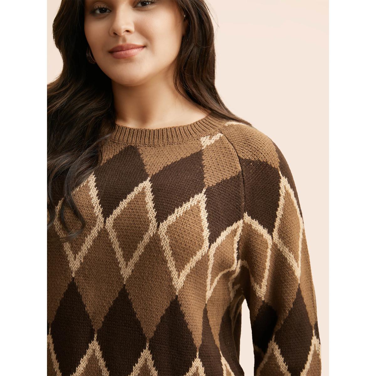 Plus Size Plaid Crew Neck Raglan Sleeve Cardigan Browncoffeecolor Women Leisure Loose Long Sleeve Round Neck Casual Pullovers BloomChic 18-20/2X Product Image