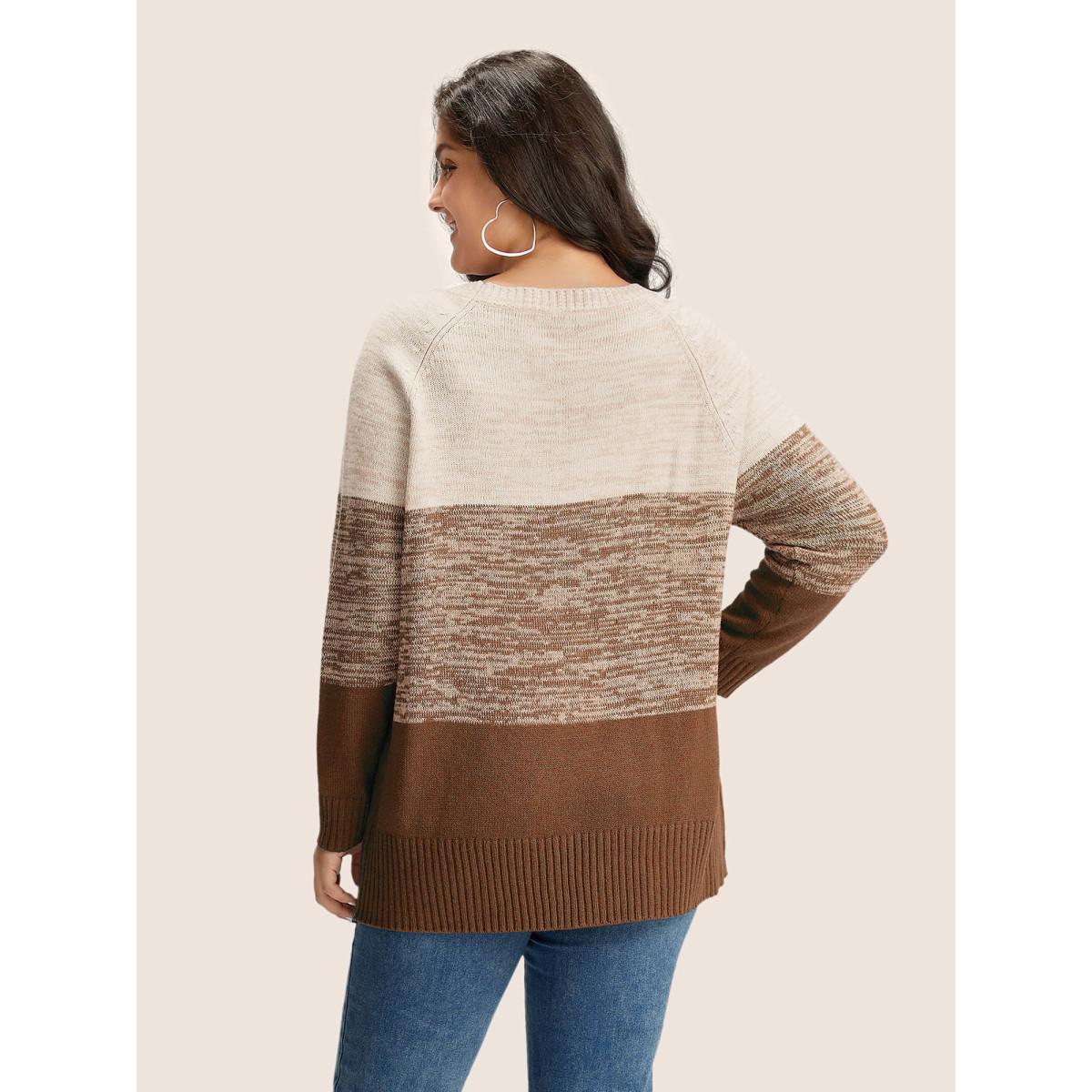 Plus Size Colorblock Contrast Heather Button Detail Pullover DarkBrown Women Casual Long Sleeve Round Neck Everyday Pullovers BloomChic 22-24/3X Product Image