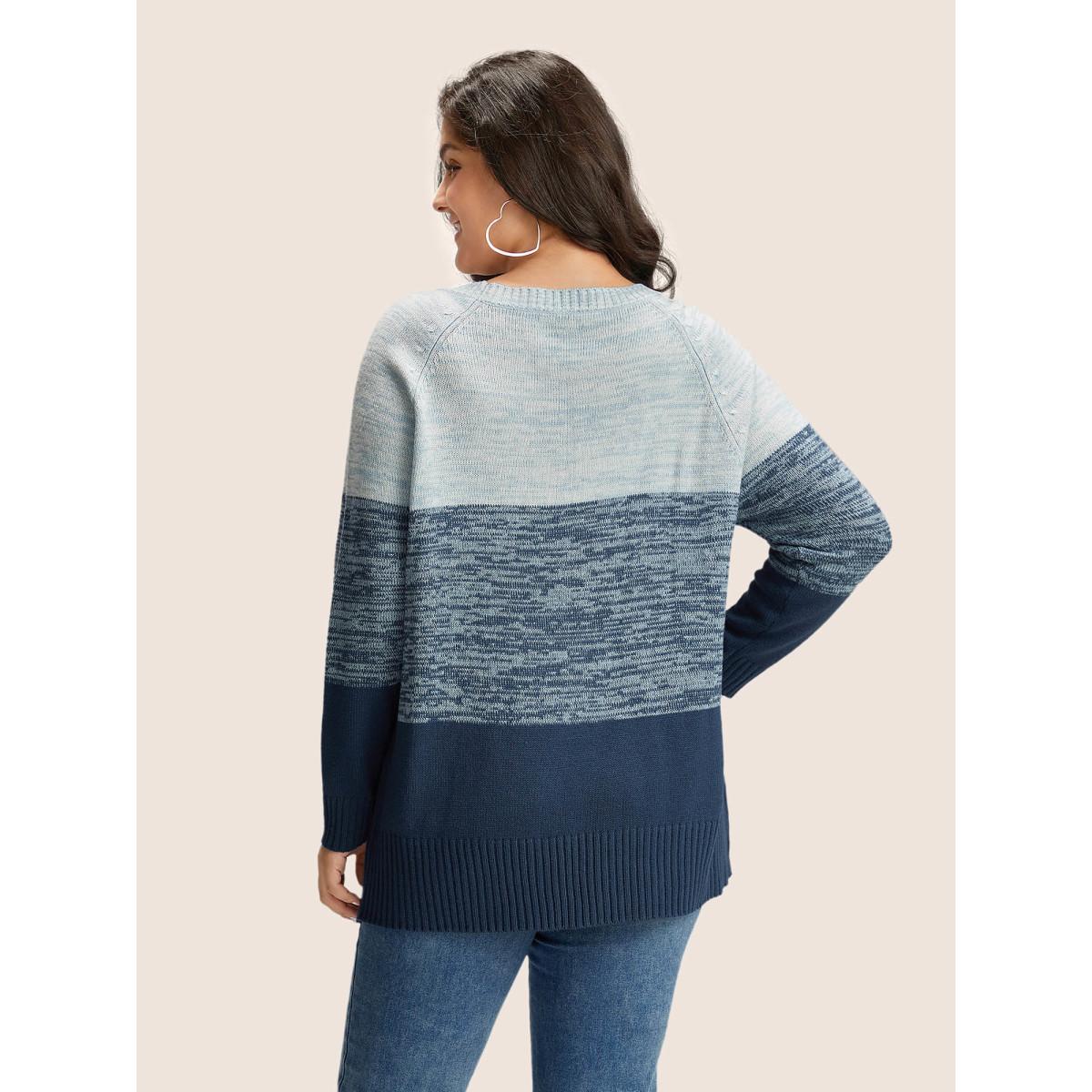 Plus Size Colorblock Contrast Heather Button Detail Pullover Indigo Women Leisure Long Sleeve Round Neck Casual Pullovers BloomChic 22-24/3X Product Image