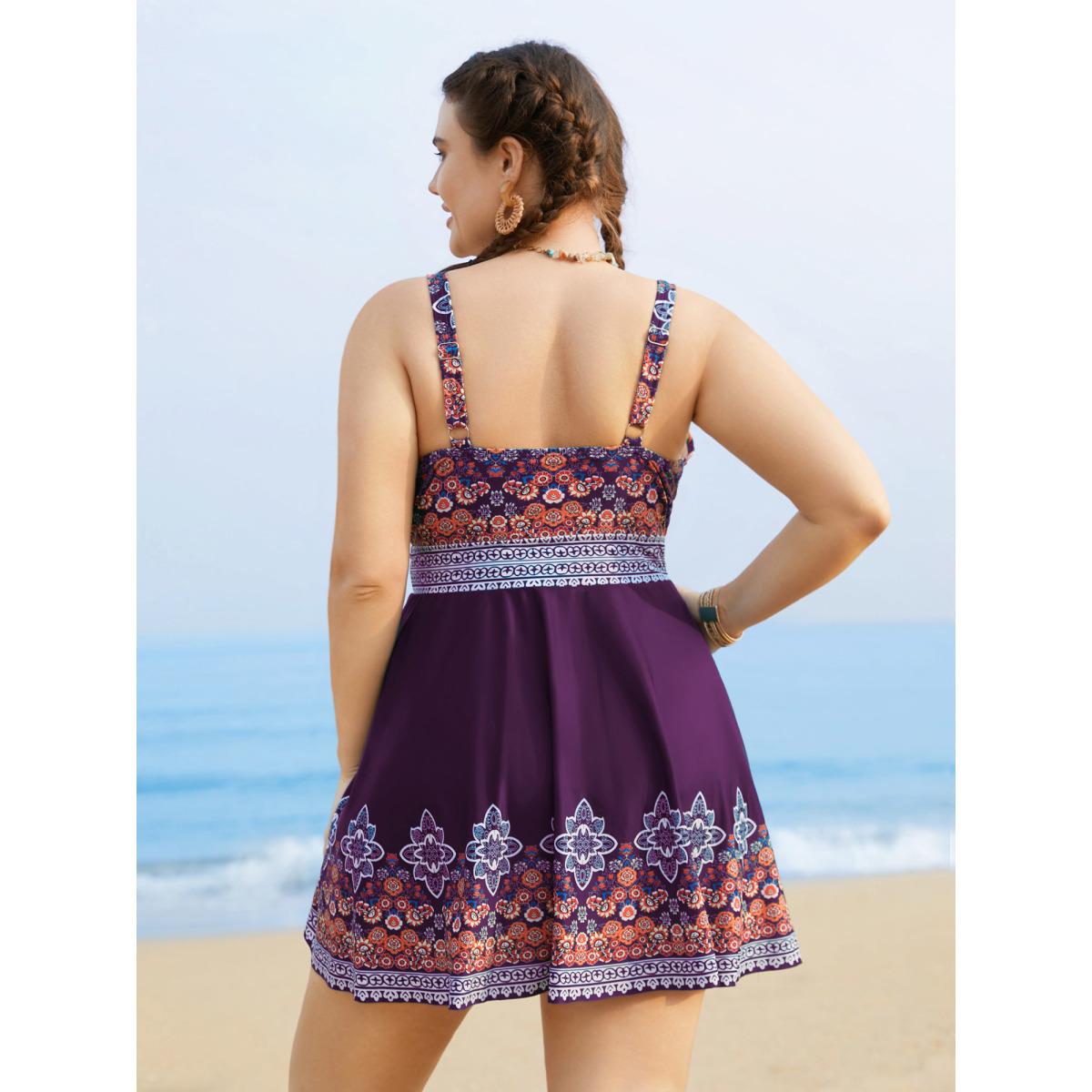 Plus Size Boho Print Surplice Neck Adjustable Swim Dress Women's Swimwear Deeppurple Beach Bodycon Overlap Collar High stretch Curve Swim Dresses BloomChic 18-20/2X Product Image
