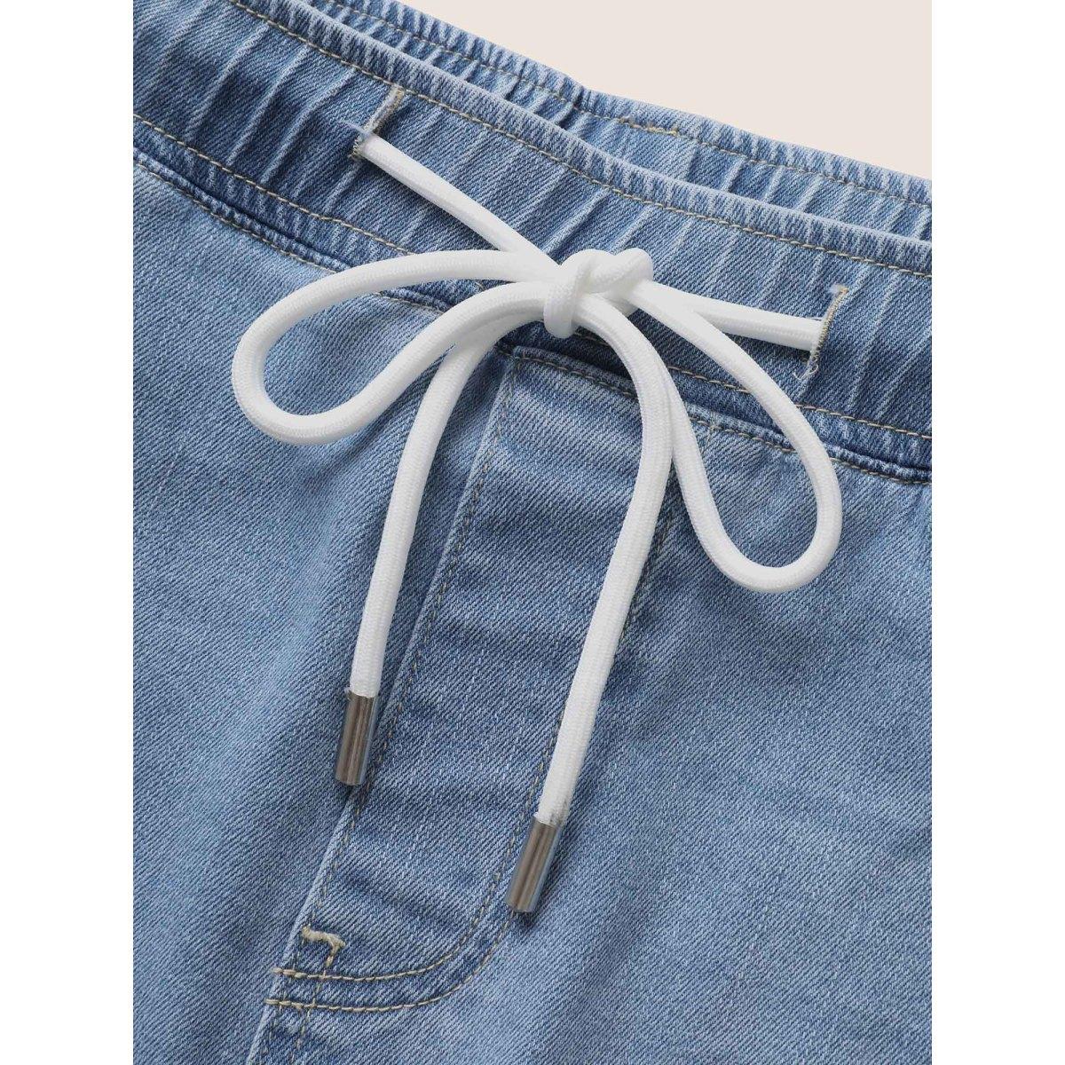 Plus Size Light Wash Elastic Waist Drawstring Denim Shorts Women Denimlightblue Drawstring Medium stretch Everyday Slanted pocket Casual Denim Shorts BloomChic 18/2X Product Image