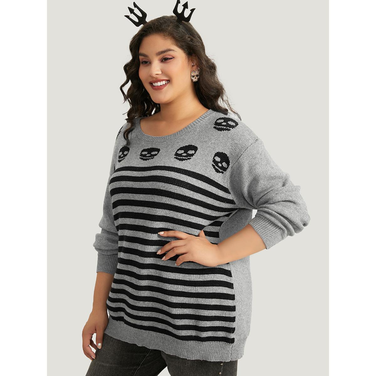 Plus Size Halloween Supersoft Essentials Skull Print Striped Round Neck Pullover DarkGray Women Casual Long Sleeve Round Neck Festival-Halloween Pullovers BloomChic 26/4X Product Image