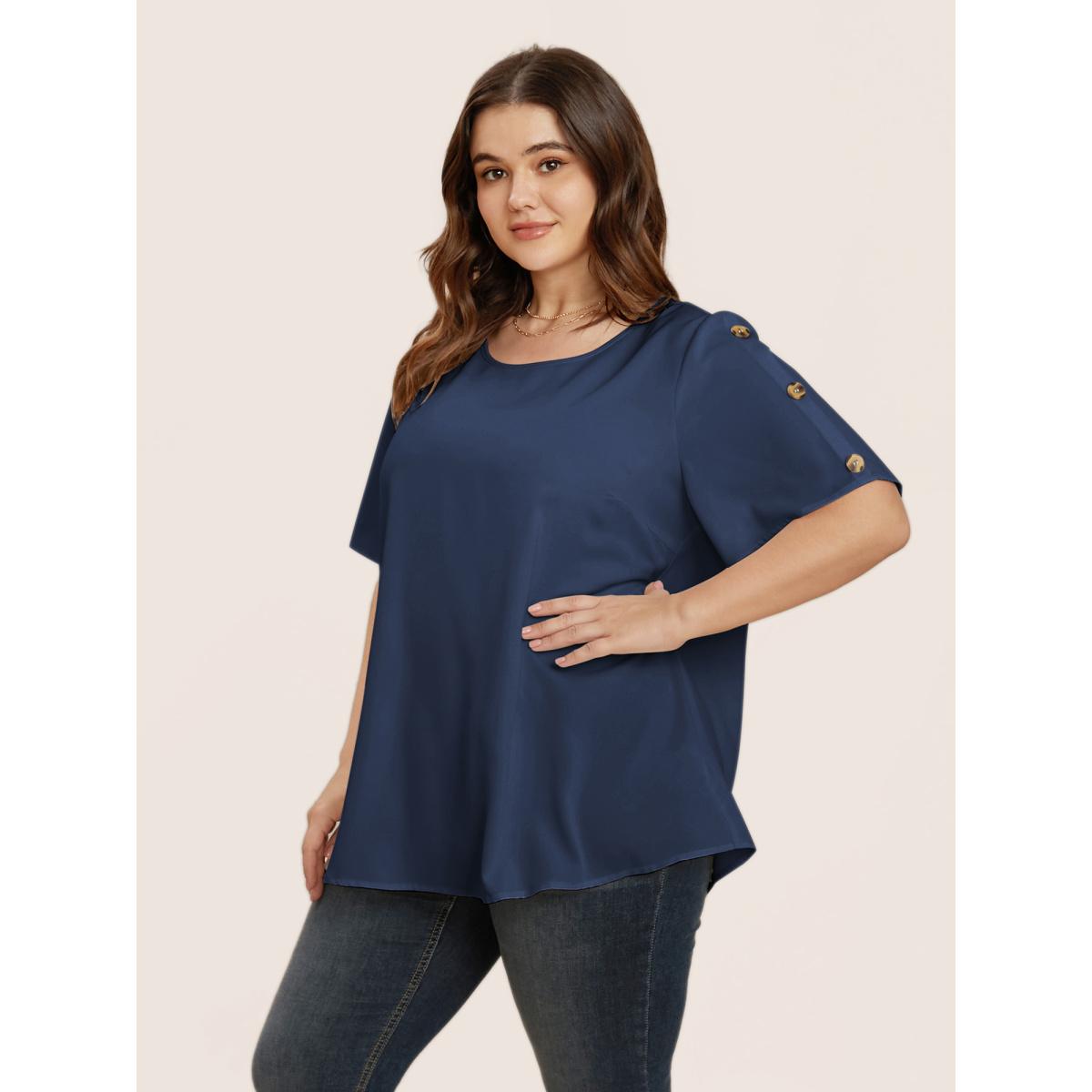 Plus Size Indigo Plain Round Neck Button Detail Blouse Women Casual Short sleeve Round Neck Everyday Blouses BloomChic 10/M Product Image