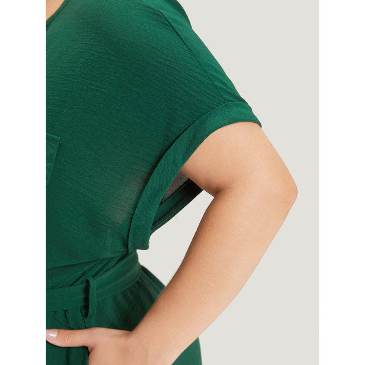 Plus Size Plain Zipper Pocket Button Detail Belted Roll Dress DarkGreen Women Office Plain Round Neck Short sleeve Curvy Midi Dress BloomChic 22-24/3X Product Image