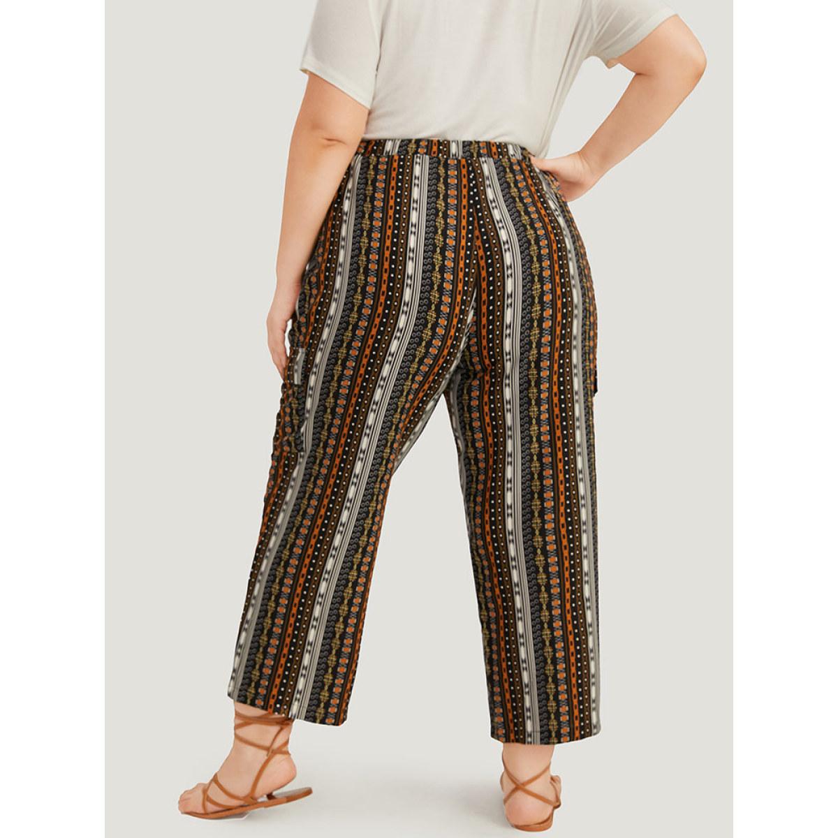 Plus Size Boho Print Pocket Drawstring Elastic Waist Pants Women Black Casual Straight Leg High Rise Dailywear Pants BloomChic 12/L Product Image