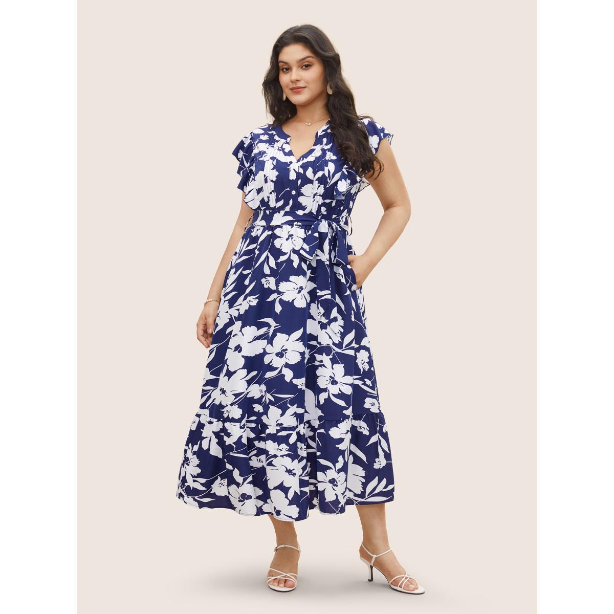 Plus Size Silhouette Floral Print Ruffle Cap Sleeve Dress Navy Women Elegant Belted V-neck Sleeveless Curvy Midi Dress BloomChic 22-24/3X Product Image