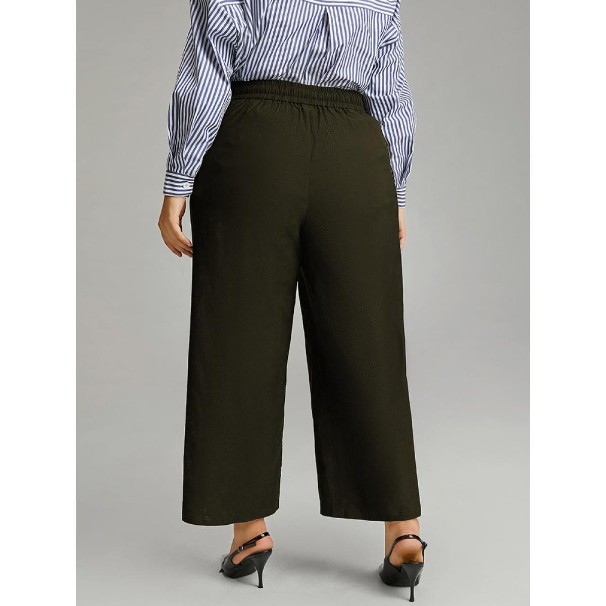 Plus Size Solid Straight Leg High Rise Pants Women ArmyGreen Elegant Straight Leg High Rise Dailywear Pants BloomChic 10/M Product Image