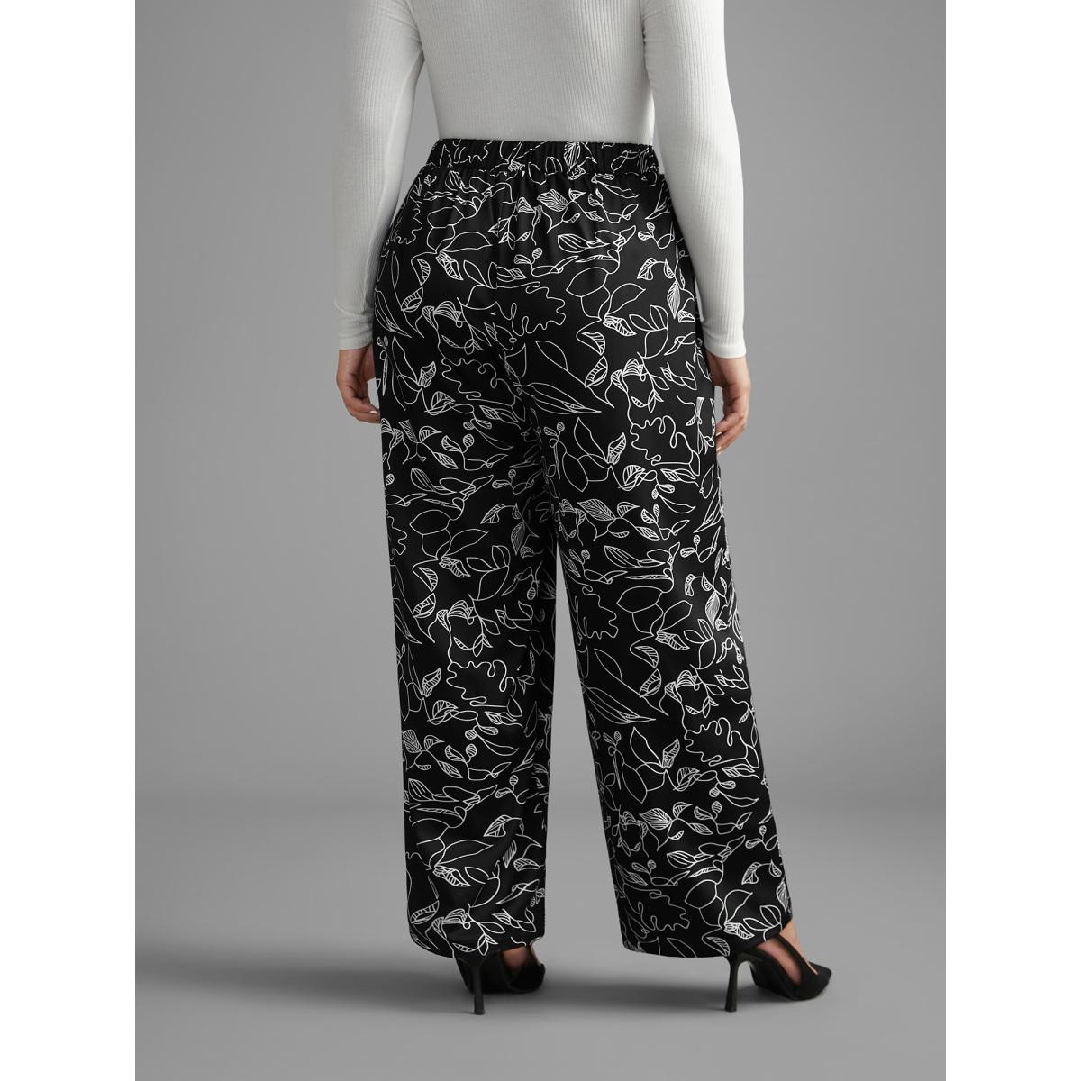 Plus Size Graffiti Print Elastic Waist Wide Leg Pants Women BlackFlower At the Office Wide Leg Mid Rise Office Pants BloomChic 26/4X Product Image