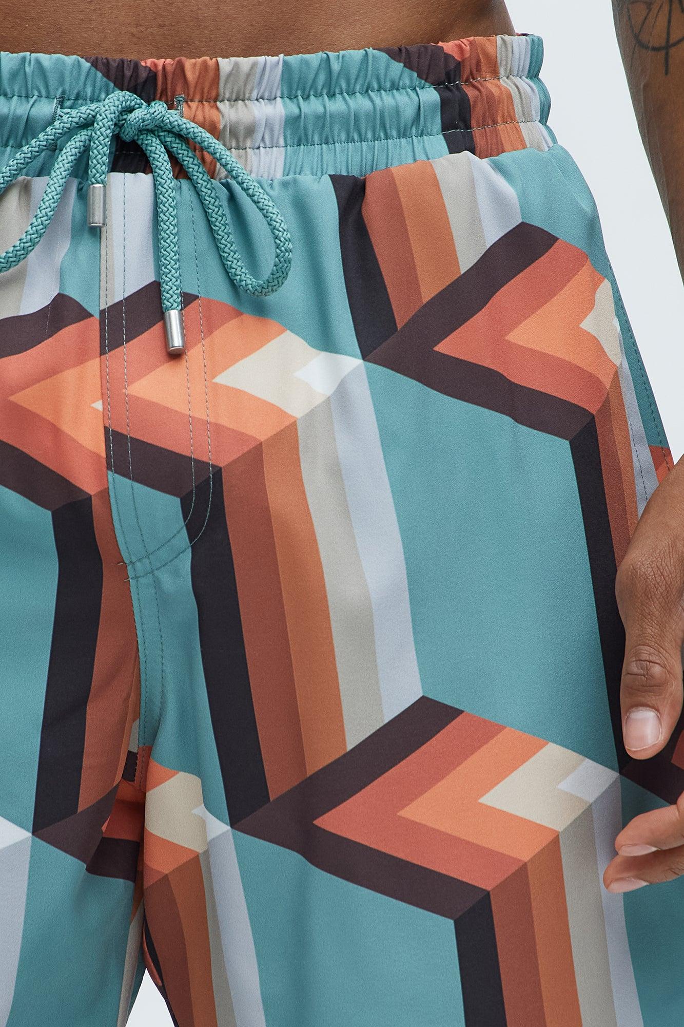 Retro Geometric Swim Mid Trunk - Teal/combo Product Image
