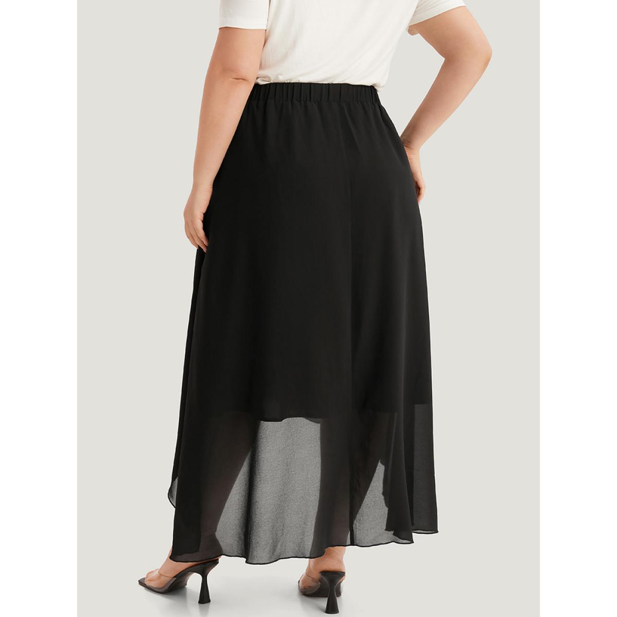 Plus Size Plain Elastic Waist Pocket Mesh High Low Hem Skirt Women Black Elegant Elastic Waist Loose Low stretch Dailywear Skirts BloomChic 10/M Product Image