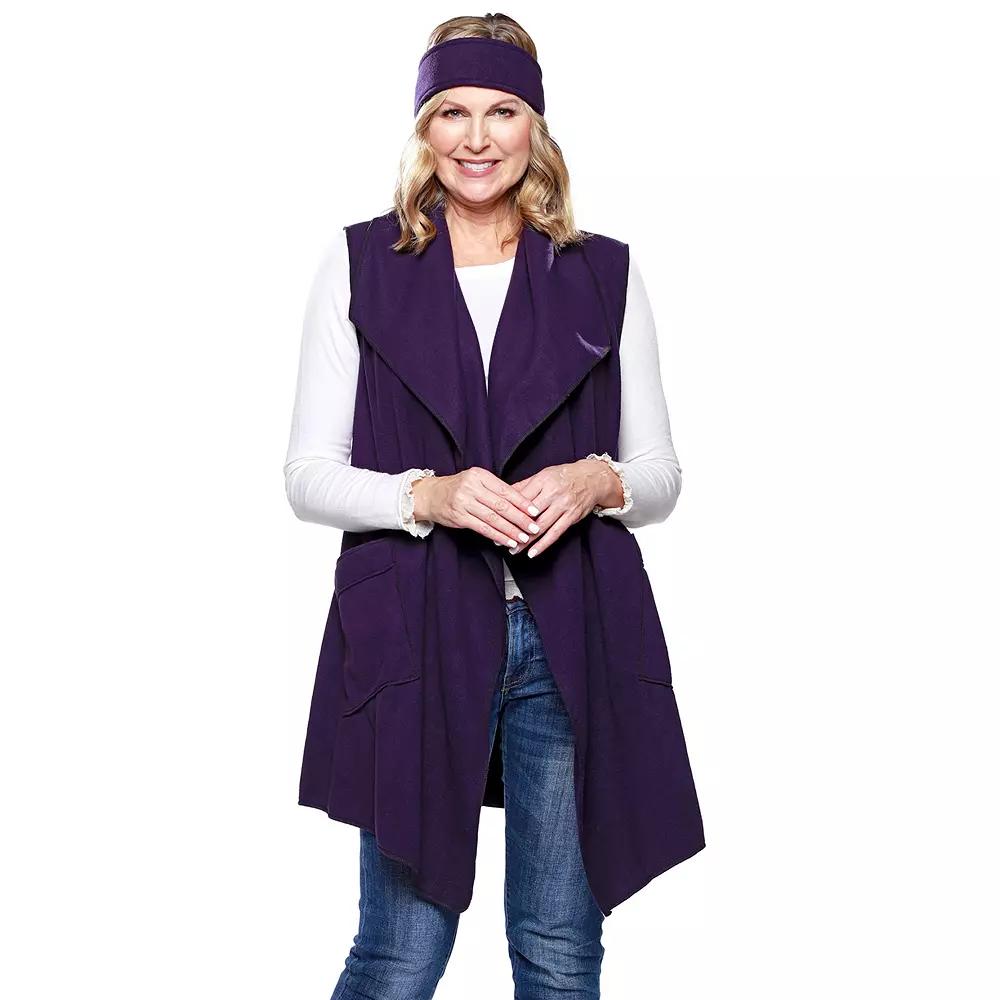 Women's Le Moda Solid Knit Fleece Vest with Matching Headband, Purple Product Image