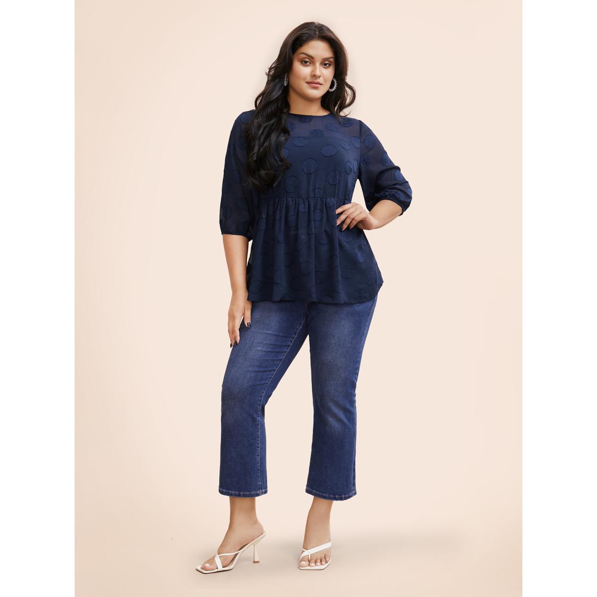 Plus Size Indigo Chiffon Textured Mesh Lantern Sleeve Blouse Women Elegant Elbow-length sleeve Round Neck Everyday Blouses BloomChic 14-16/1X Product Image