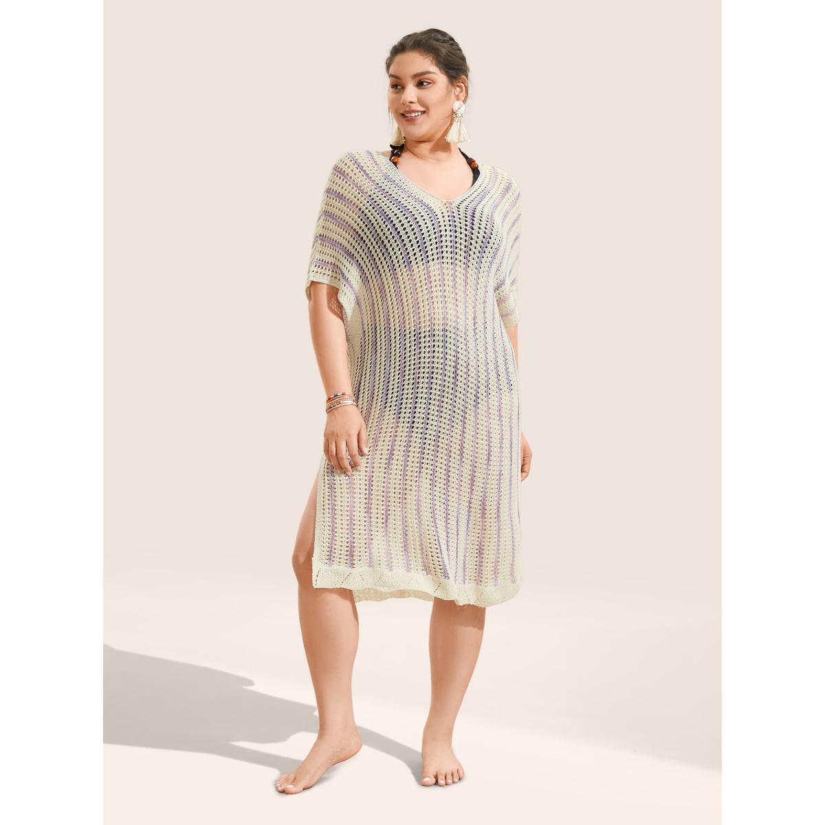 Plus Size Contrast Heather Pointelle Knit Batwing Sleeve Swim Cover Up Women's Swimwear Ivory Beach Contrast Curve Swim Cover Ups BloomChic 14-16/1X Product Image