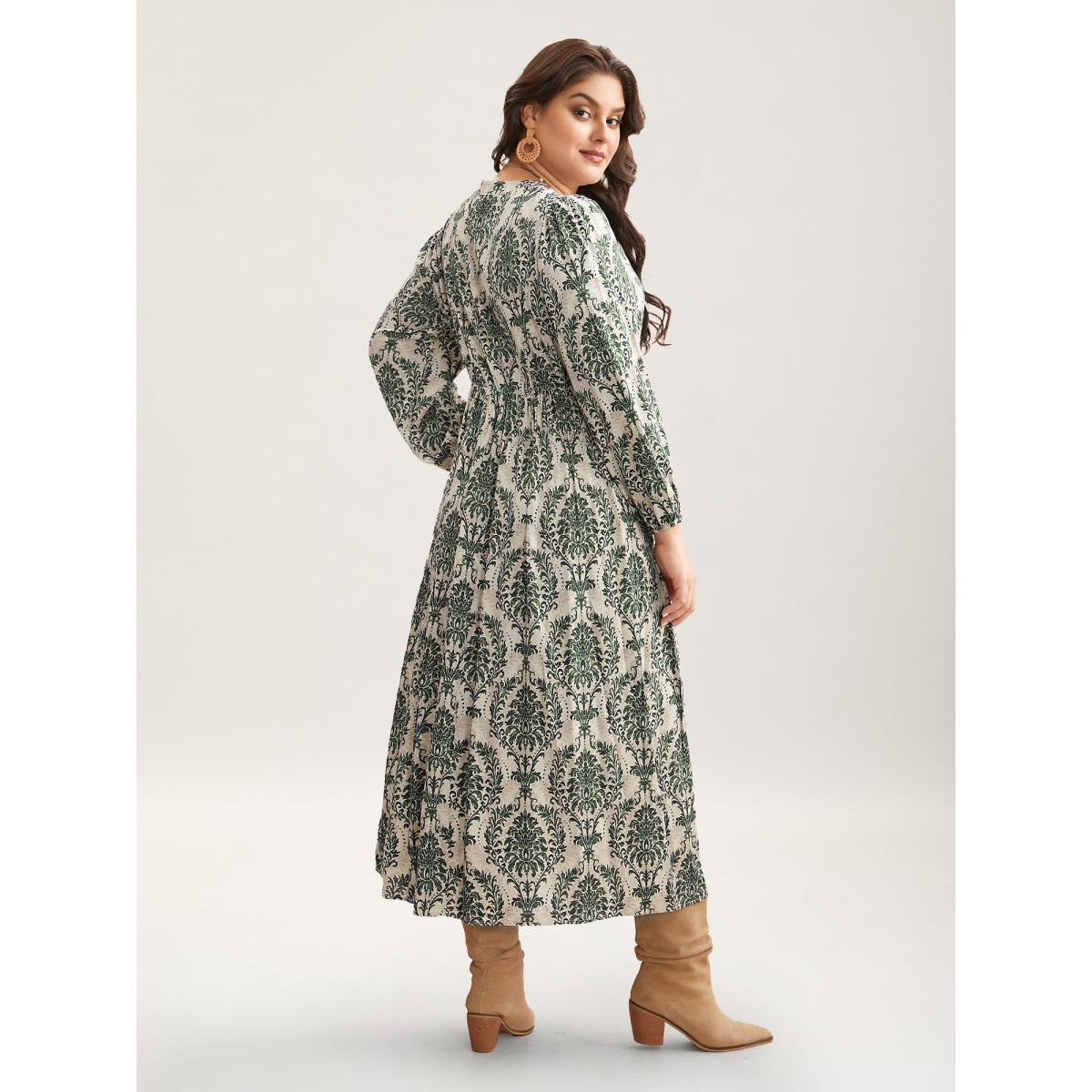 Plus Size Boho Print Notched Tie Knot Maxi Dress Greenbean Women Resort Tie knot Flat collar with V-notch Long Sleeve Curvy BloomChic 28/5X Product Image