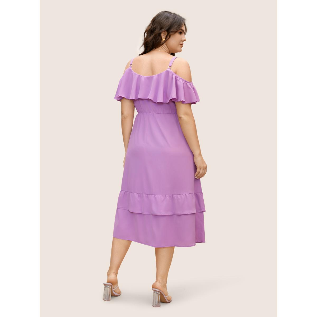 Plus Size Off Shoulder Neck Tiered Ruffles Midi Dress Lilac Women Elegant Tiered One-shoulder neck Short sleeve Curvy BloomChic 26/4X Product Image
