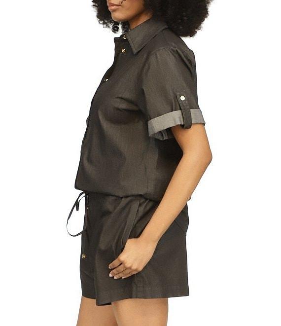 Michael Kors Cotton Chambray Collared Neckline Short Sleeve Top Product Image