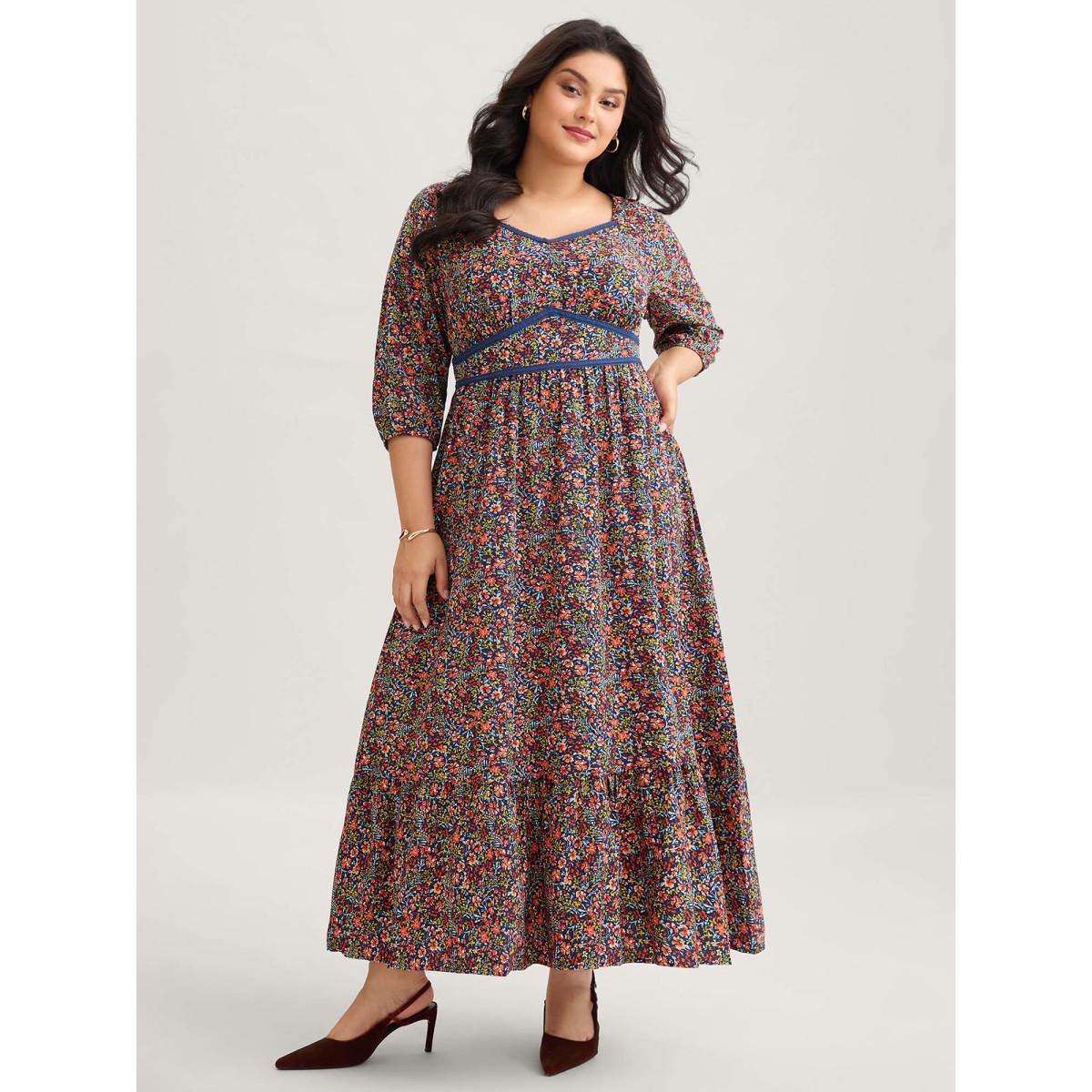 Plus Size Ditsy Floral Woven Ribbon Maxi Dress Navy Women Timeless Woven ribbon&lace trim Heart neckline Elbow-length sleeve Curvy BloomChic 18-20/2X Product Image