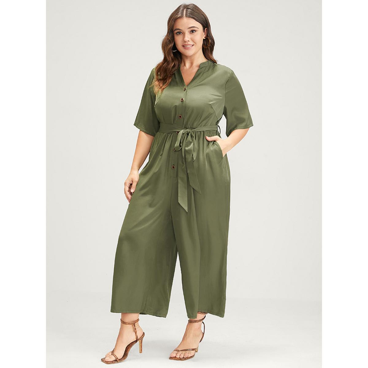 Plus Size ArmyGreen Solid Pocket Button Belted Jumpsuit Women Office Half Sleeve Stand-up collar Office Loose Jumpsuits BloomChic 12/L Product Image