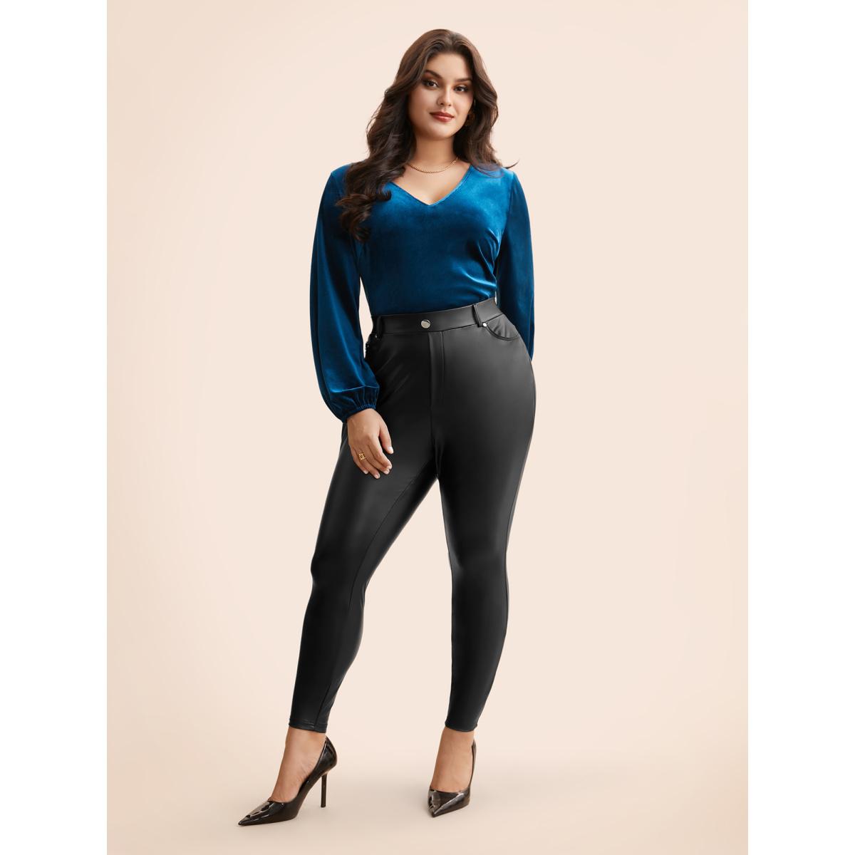 Plus Size PU Leather Button Detail Mid Rise Pants Women Black Casual Skinny Mid Rise Everyday Pants BloomChic 14-16/1X Product Image