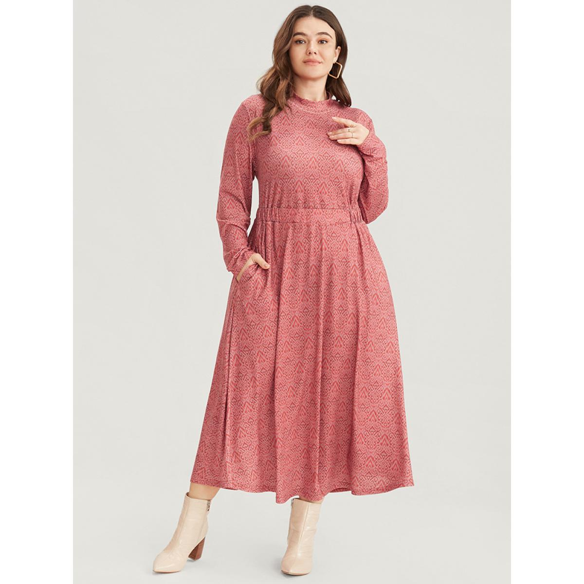 Plus Size Bandana Print Mock Neck Pocket Ruffle Hem Dress Scarlet Women Elegant Elastic Waist Mock Neck Long Sleeve Curvy Midi Dress BloomChic 10/M Product Image