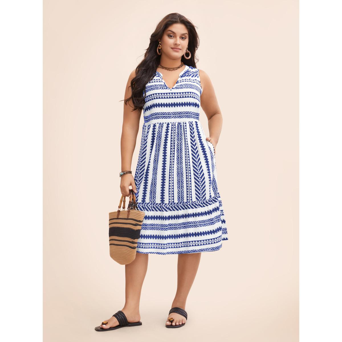 Plus Size Striped Geometric Pocket Ruffle Hem Sleeveless Tank Dress Blue Women Casual Non V-neck Sleeveless Curvy BloomChic 30/6X Product Image