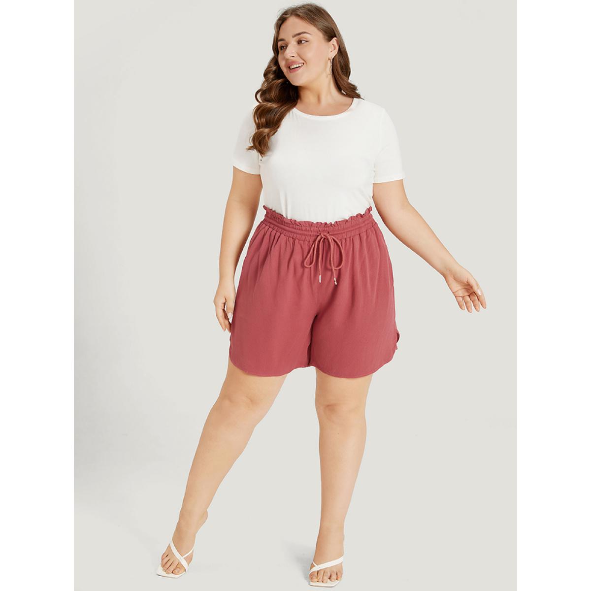 Plus Size Plain Textured Pocket Paperbag Waist Drawstring Split Side Shorts Women Russet Elegant Plain Dailywear Shorts BloomChic 22-24/3X Product Image