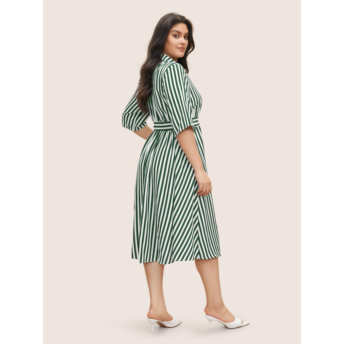 Plus Size Striped Belted Shirt Collar Button Up Dress DarkGreen Women At the Office Non Shirt collar Short sleeve Curvy Midi Dress BloomChic 30/6X Product Image