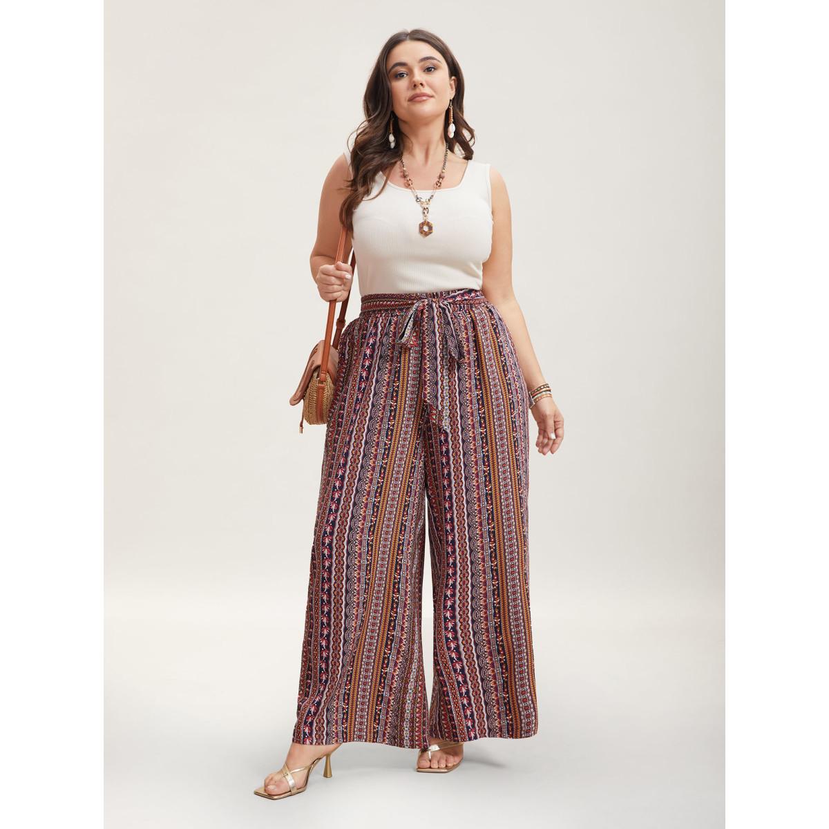 Plus Size Boho Print Belted Flared Pants Women Multicolor Boho Wide Leg Mid Rise Vacation Pants BloomChic 18-20/2X Product Image