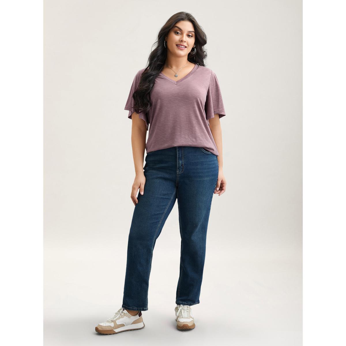 Plus Size V-Neck Stretchy Flared Sleeve T-Shirt DustyPink Women Leisure Ruffles V-neck Casual T-shirts BloomChic 10/M Product Image