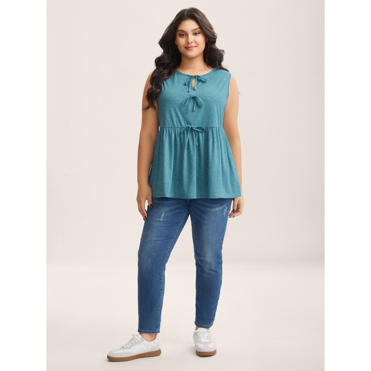 Plus Size Bow Tie Detail Neck Keyhole Tank Top Women Cerulean Tie knot Round Neck Everyday-Casual Tank Tops Camis BloomChic 22-24/3X Product Image