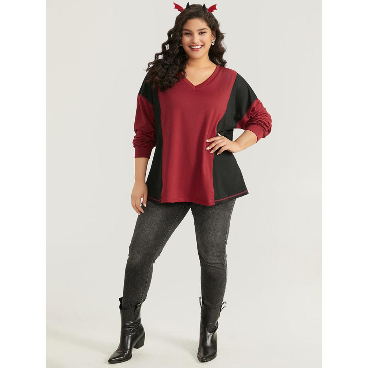 Plus Size Halloween Two Tone Stitch Patchwork Sweatshirt Women Black Casual Elastic cuffs V-neck Festival-Halloween Sweatshirts BloomChic 14-16/1X Product Image